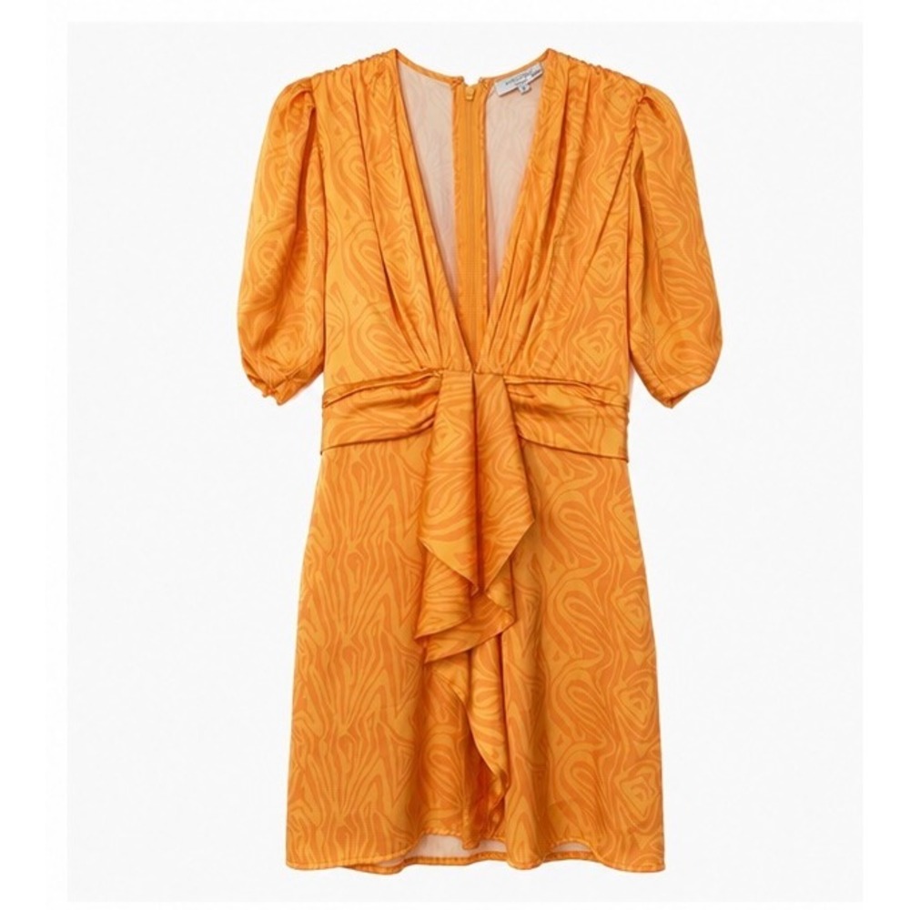 Ronny Kobo Satin Orange Swirl Print V-Neck Ruffle Mini Dress Size 8